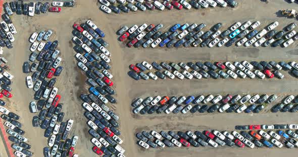 Aerial view in parking auction dealer lot a used many cars terminal