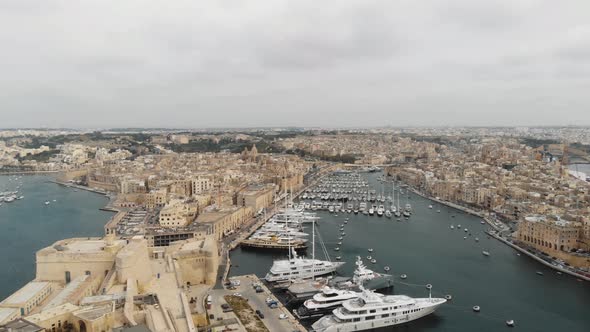 Aerial Panoramic View Of The Three Cities in Grand Harbour In Malta