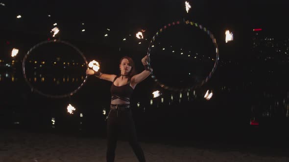 Pretty Firegirl Spinning Flaming Hula Hoops Outdoor