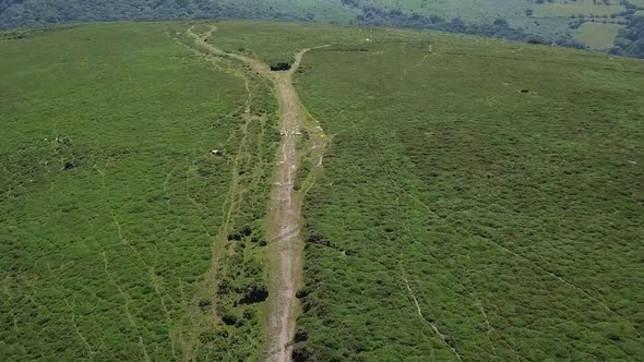 Aerial wide-shot tracking back over a dirt path in the middle of the moor in Dartmoor, England