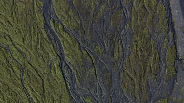 Drone Over Landscape With Dry Riverbed Of Braided River