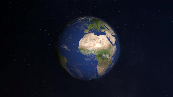 Photorealistic Earth rotating slowly in space with stars on a black background