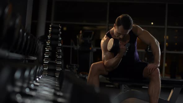 Strong-Willed Bodybuilder Doing Seated Isolated Dumbbell Curl, Evening Workout