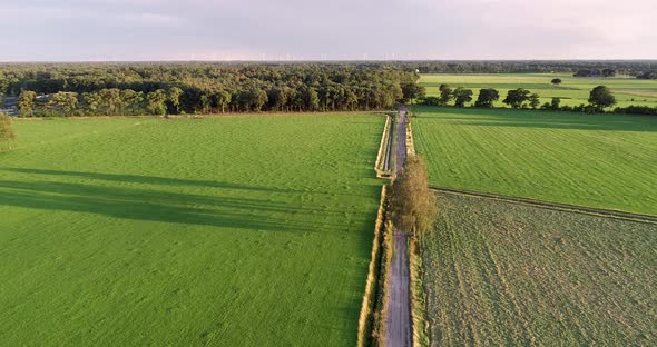 Aerial view of unpaved road between grasslands, Twente