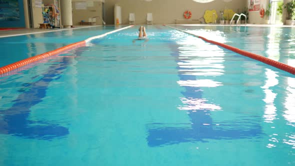 Sportswoman Swims Butterfly Stroke Style in Pool Clear Water