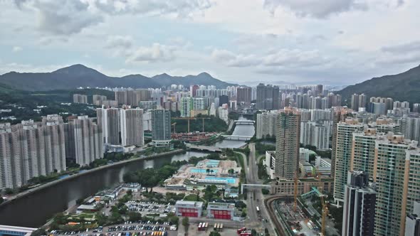 Tuen Mun from Above, Aerial View on the River and Buildings, Hong Kong