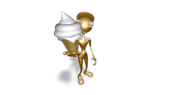 Gold Man Cartoon Show Icecream  3D Looped on White