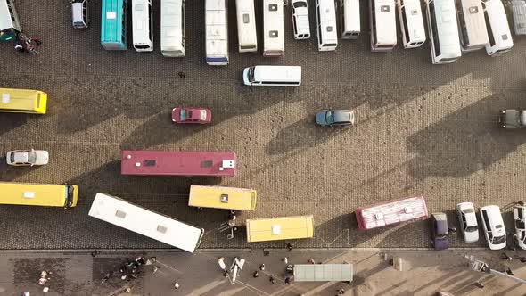 Aerial Footage of Many Cars and Buses Moving on a Busy City Street