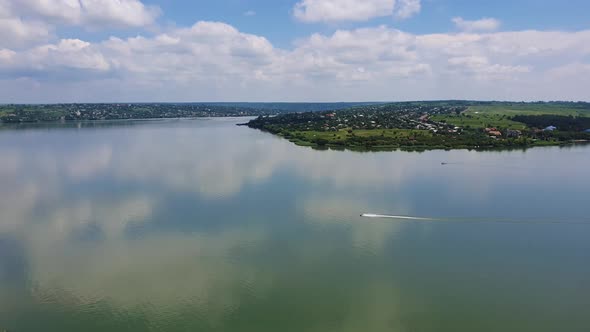 High angle, altitude view to a jet ski on the Nistru river, near Dubasari, Moldova