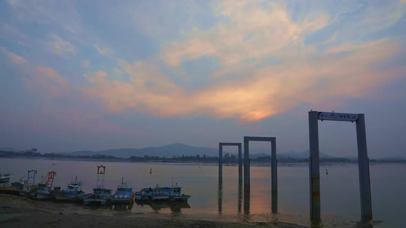 The Sunset Of The Ocean View Where The Ship Is Anchored (Time Lapse)