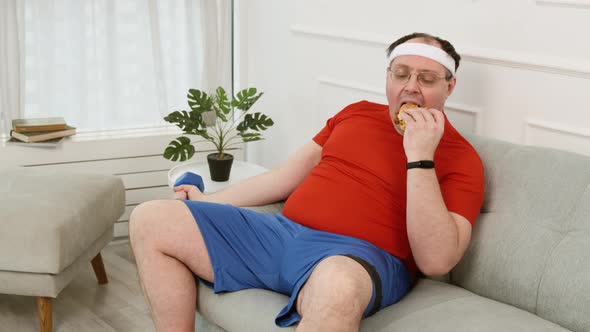 Fat Young Man Athlete Looking at Dumbbell and Tempting Burger Choosing Either Sport or Fast Food