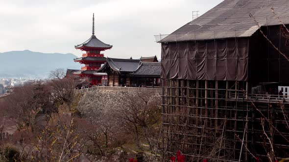 Kyoto Pagoda Side View Tourists Flow Timelapse