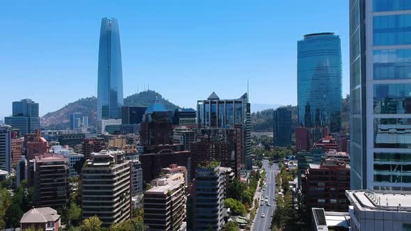 Aerial shot moving forward of touristic street in Santiago