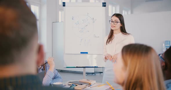 Professional Young Positive Business Expert Woman in Glasses Speaking To Happy Multiethnic Team at