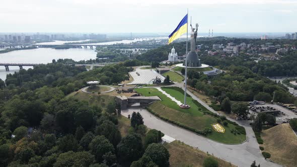 Kyiv - National Flag of Ukraine By Day. Aerial View. Kiev. Slow Motion