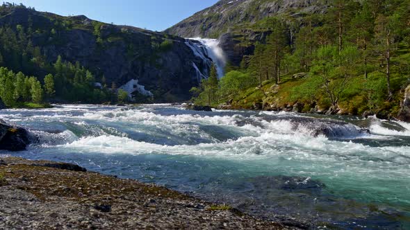 Nature of Central Norway. Mountain River Flowing Vigorously Causing White Splashes