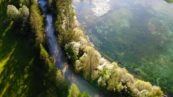 Beautiful view on an with Mountains in Schiederweiher in Upper Austria Drone Video