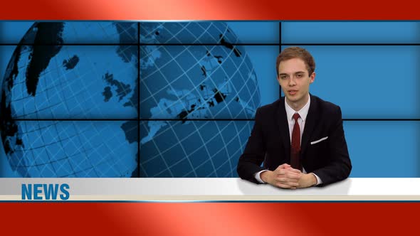 Elegant anchorman in Broadcasting Studio Telling the News