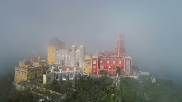 Aerial View of Pena Palace in Fog and Clouds