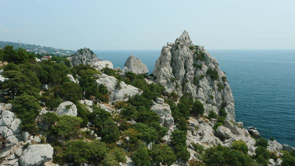 Aerial Fly Towards Krylo Lebedya  Swan Wing with Diva Rock and Black Sea in Background