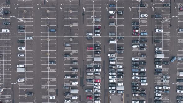 AERIAL: Crowded Parking Lot with Standing Automobiles