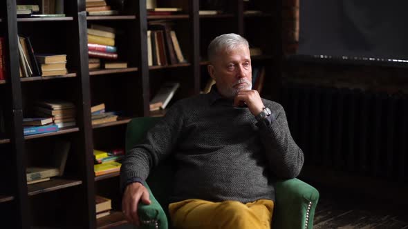 Portrait of Confident Bearded Grayhaired Mature Older Male Sitting in Armchair at Home