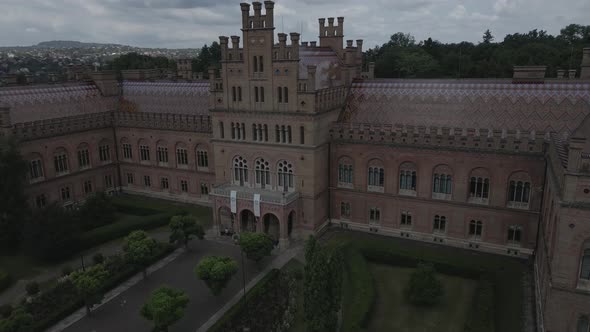 Drone View of the Chernivtsi University with the Flag of Ukraine on Top