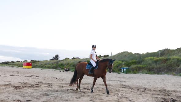 A beautiful girl with long hair rides her horse on the beach during the evening in Donabate, Ireland