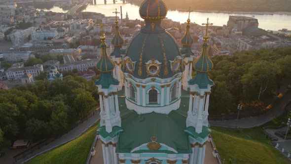 Aerial View of an Orthodox Church During Sunset with the View of Kyiv Ukraine