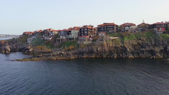 View From a Height of the City of Sozopol with Houses and Boats Near the Black Sea