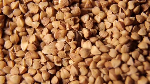 Rotating raw buckwheat. Spinning closeup dry uncooked seeds