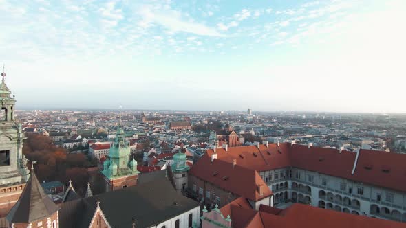 Aerial Flying Towards Wawel Royal Castle Krakow Poland