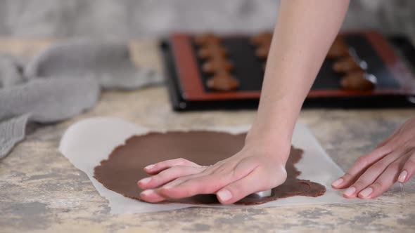 Woman Cutting Chocolate Shortcrust Dough Into Circles. Making Choux Buns with Craquelin