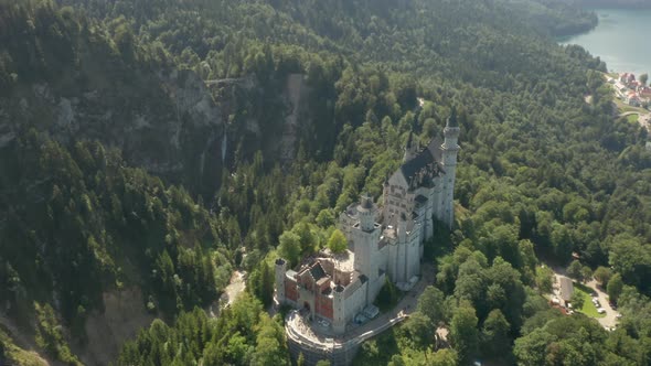 Panoramic View of Neuschwanstein Castle and Rocky Alps Mountains on the Background, Bavaria, Germany