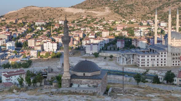 Aerial View to Mosques From Old Castlethe in Historical City Town of Nevsehir Timelapse