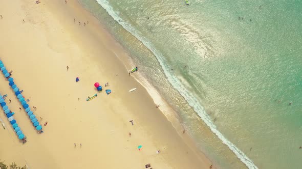 Flying along Karon Beach and the tourist area on the island of Phuket in Thailand, the Indian Ocean