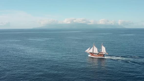 Pirate Wooden Sailing Ship Is Sailing Full Speed in the Open Ocean