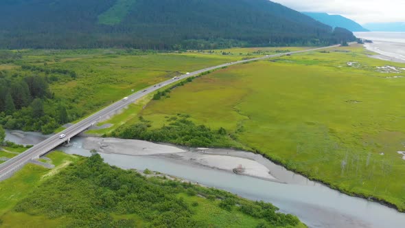 4K Cinematic Drone Video (parallax right) of Marsh in Turnagain Arm Bay at Glacier Creek along Sewar