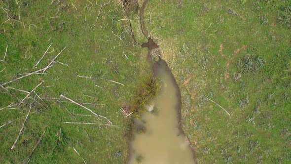 Aerial view of beaver ponds lined up in small canyon