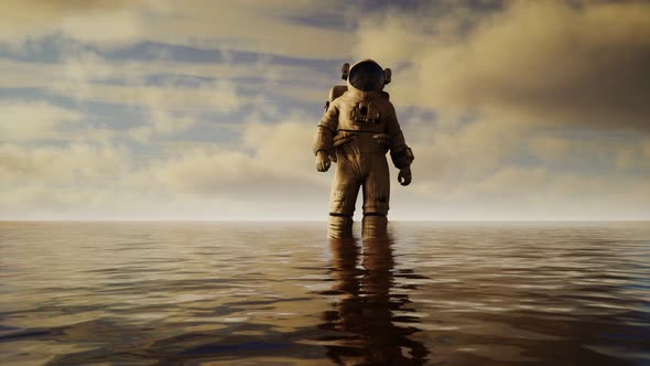 Spaceman in the Sea Under Clouds at Sunset