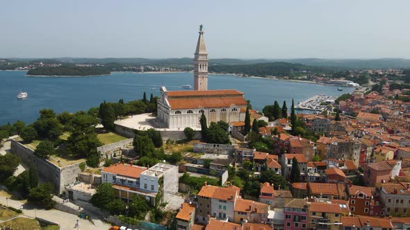 Aerial drone shot over famous Church of St. Euphemia, Istria, Croatia on a sunny day. Popular Travel