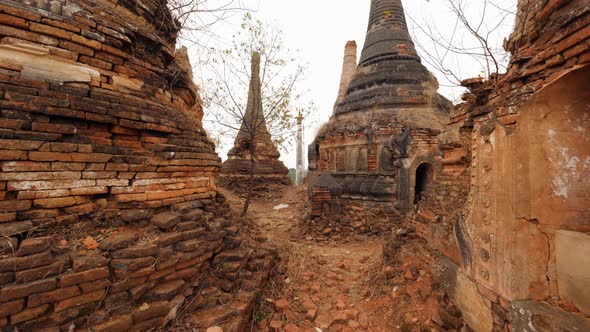 Old Burmese Pagodas Near Inle Lake.  POV Slow Motion Steadycam Footage. 