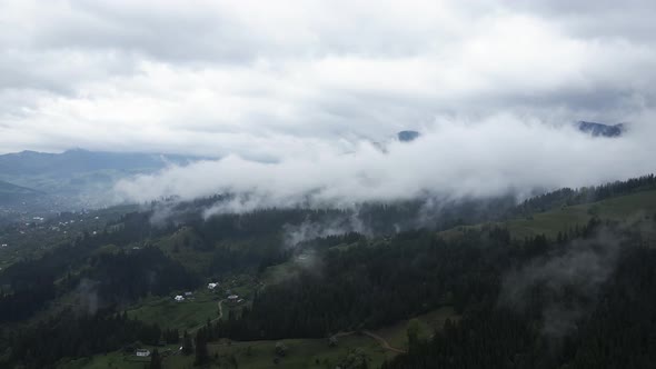 Ukraine, Carpathians: Fog in the Mountains. Aerial.