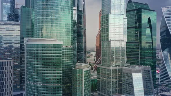 Aerial Drone Zoom in Shot Close Up of Moscow City Skyscraper