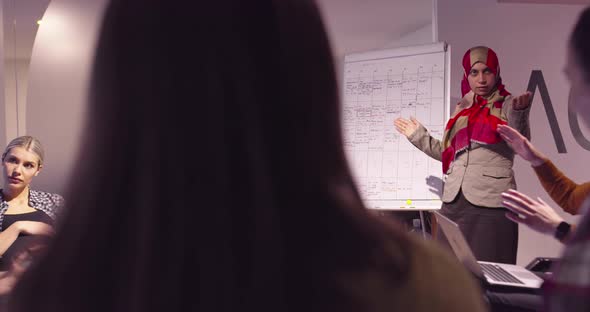 Muslim Woman in a Modern Open Space Coworking Office Giving a Presentation to Team