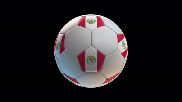 Soccer ball with flag Peru, on black background loop alpha alt