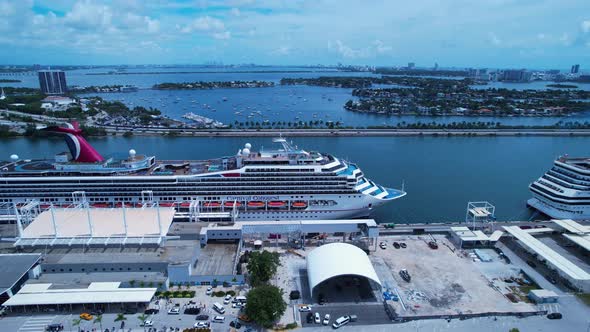 Cityscape Miami Florida United States. Cruise ship at Port of Miami.