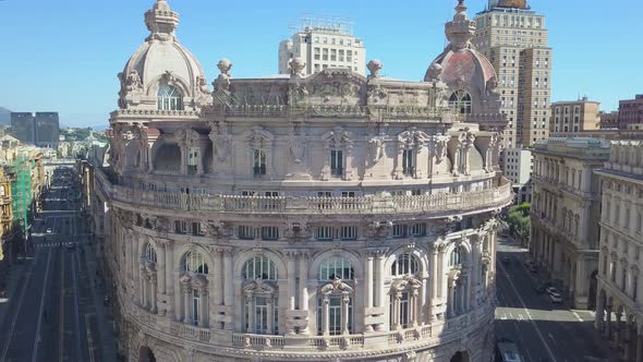 Aerial panoramic drone view of De Ferrari square in Genoa,Italy. Close-up vieo of old buildings