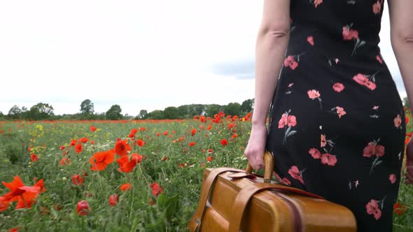 girl in beautiful dress with suitcase in poppies field in summer time