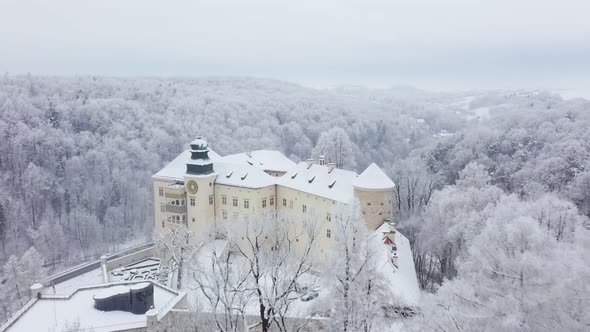 Aerial View Oh Historic Renaissance Castle Pieskowa Skala Near Krakow in Poland in Winter